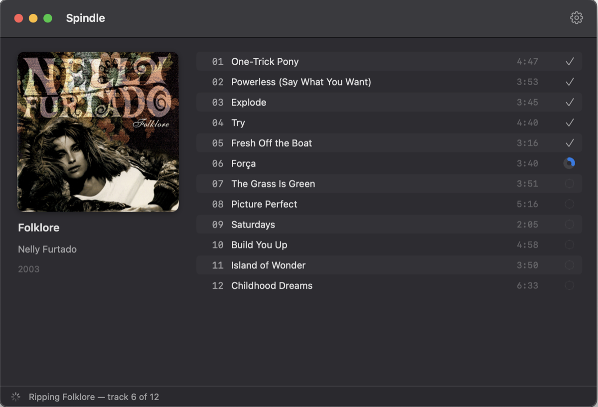 Spindle ripping Nelly Furtado's Folklore: cover art on the left, a twelve-track list on the right with five tracks checked off and the sixth in progress.